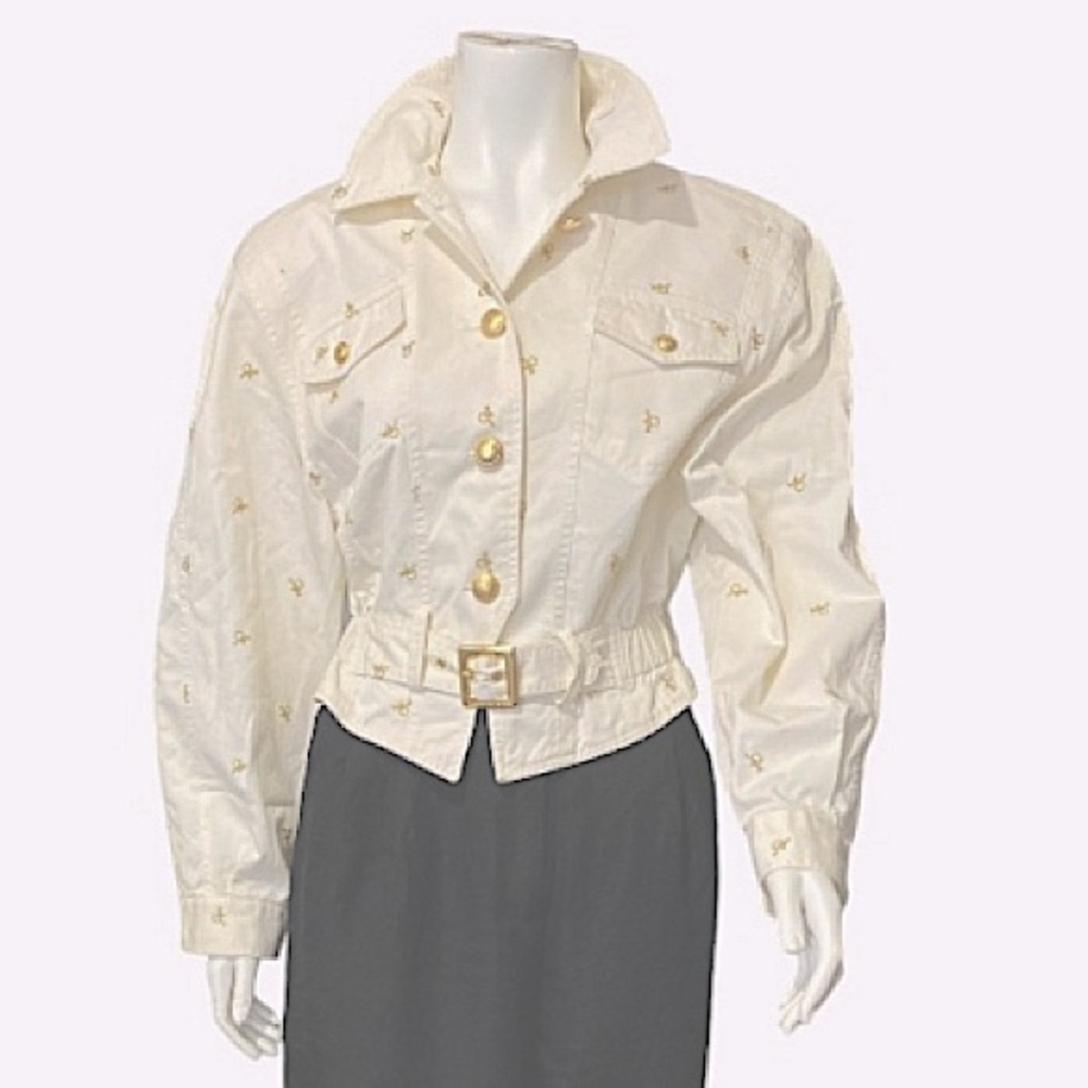 NWOT Roccobarocco Italian Made 💯 Cotton Gold Embroidery Cream Jacket Siz…